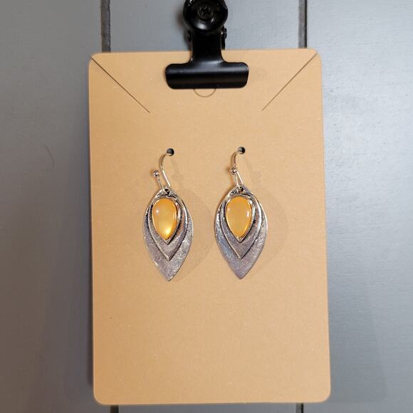 Amber Orange Cabochon Teardrop Dangle Earrings Silver Tone Leaf w/ Gift Bag - Picture 2 of 7